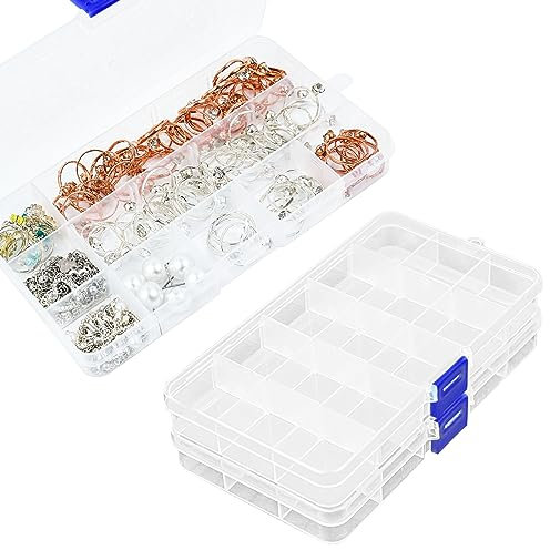 Karjiaja 3 Stück Plastik Sortierbox, Einstellbar Fächer Aufbewahrungsbox Plastik Sortimentsboxen Verstellbare Box Schmuck Organizer Box Kunststoff Sortierbox mit 15 Fächern und Deckel für Kleinteile