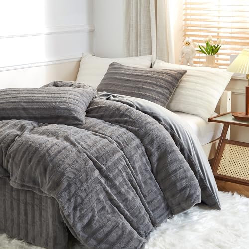 Nyescasa Plüsch Bettwäsche 135x200 4teilig Winter Warme Flauschige Biber Flanell Fleece Grau Gestreift Wende Winterbettwäsche Set Mädchen Bettbezug mit Reißverschluss und 2 Kissenbezug 80x80cm