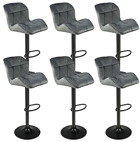 Homewell Barhocker 6er Set, Polsterhocker Samtsitz Ergonomisch, Drehbare Barhocker Höhenverstellbar, Edelstahl Barstuhl Basis mit Fußstütze (6, Dunkelgrau)