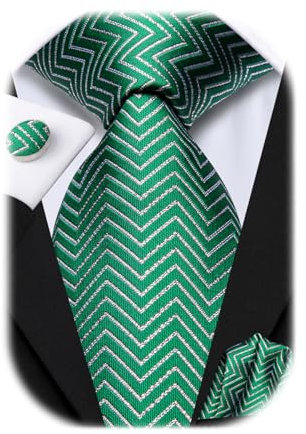 Hi-Tie Herren Weihnachtskrawatte Set Krawatte Einstecktuch Manschettenknöpfe Set Match Rentier Schneeflocke Xmas Baum Muster für Hochzeit Prom,Grün Silberne Wellen