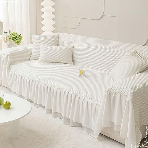 Daesar Couch Überzug Ecksofa 4 Sitzer, Sofa Überzug Sommer Weiß mit Spitze Falbala Sofabezug rutschfest 180x400CM Universal Bezug Sofa 180x400CM