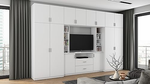 e-Meblast Dako - 3-teilige Schrankwand - 380x240x54 cm - Wohnwand - TV-Schrank - Wohnzimmer Schrank Set - Wandregal - Obenschränke - Einlegeböden - Schubladen - Kleiderstange - PVC-Kante - Weiß/Weiß