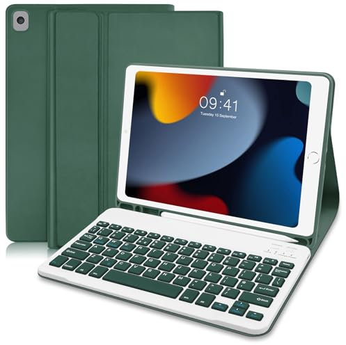 For iPad 10.2 Keyboard Case for 9th Generation (2021)/8th Gen(2020)/7th Gen(2019), Protective Case With Pencil Holder and Detachable Wireless Keyboard (UK Layout) for Air 3/Pro 10.5, Green