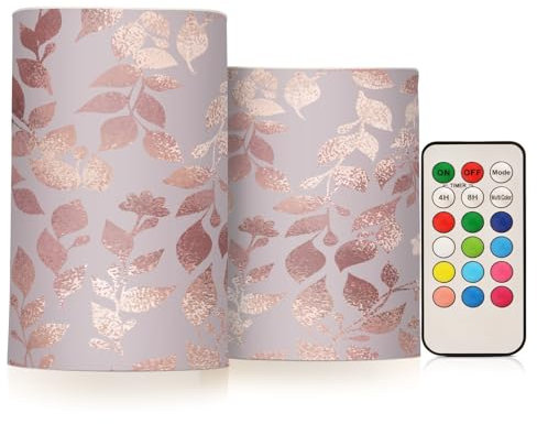 Quteprint 2 Pack Flameless Candles with Remote Timer Flickering LED Candles, Flower Leaves Rose Gold Battery Operated Candles Tea Lights Fake Candles for Home Bathroom Halloween Christmas Party