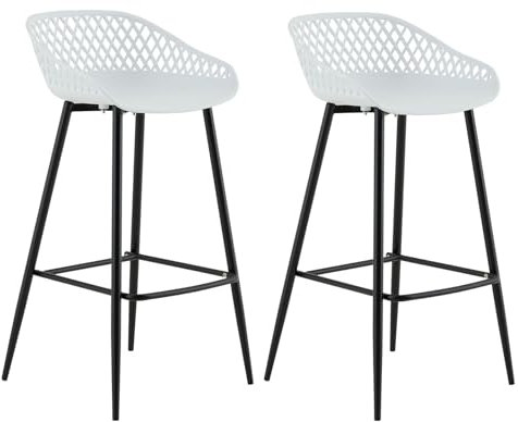 Barhocker IREK im Retro-Design, bequemer Tresenhocker im 2er Pack, praktischer Bistrostuhl aus Kunststoff weiß, Beine schwarz