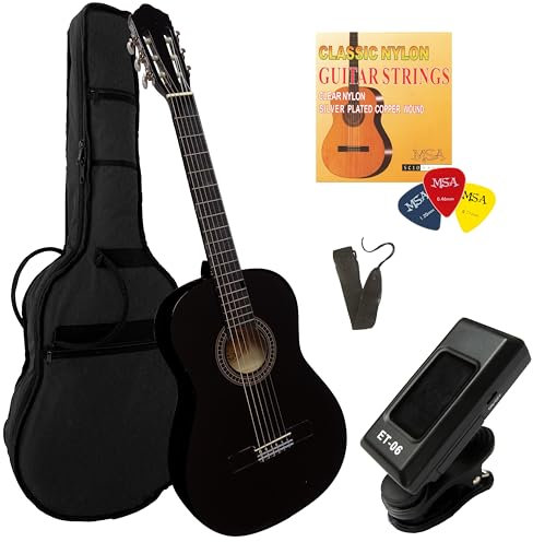 4/4 Gitarre im Set - Konzertgitarre - Classic - Lindenholz - Stimmgerät - Tasche - Band - Saiten - 3xPleks (Schwarz)