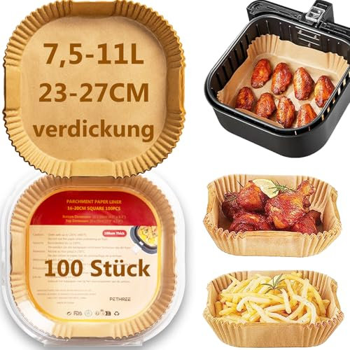 PETHREE Carta Forno per Friggitrice ad Aria 8-10L XXL, 100 Pezzi Senza BPA 23-27cm Carta Spessa Accessori Contenitori Fogli Vaschette Air Fryer Paper Quadrata Impermeabile Antiolio