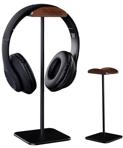 BYZESTY Soporte para auriculares, soporte para auriculares con aluminio, soporte curvado de madera de nogal, soporte para auriculares con base pesada, soporte para auriculares para todos los tamaños