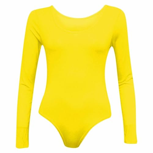 Fashion Mark Langärmeliger Damen-Gymnastikanzug, Rundhalsausschnitt, tiefer Ausschnitt, dehnbar, Größe 36-42, neongelb, 12-14