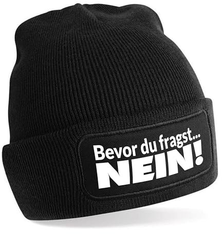 Herzbotschaft Beanie Strickmütze mit Spruch | Bevor du fragst... Nein | schwarz | Unisex SoftTouch angenehm weiche und warme Wintermütze | OneSize Einheitsgröße für Erwachsene