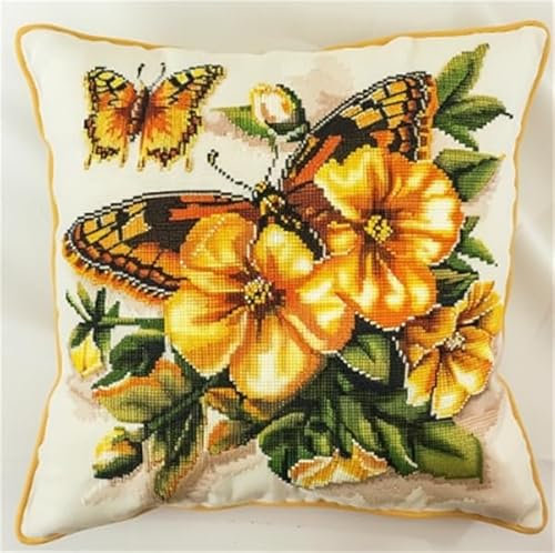 Lfynior Kreuzstichkissen Set Schmetterling Stickkissen mit Muster 45X45cm Stickpackung Stickset Kreuzstich Kissen zum Basteln Stickkissen Stickpackung mit Vorgedruckt Kreuzstichmotiv