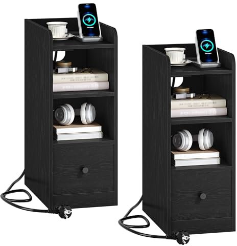 Hzuaneri Table de Chevet Lot de 2, avec Multiprise, Port USB et Type C, Table d'appoint Étroite, Espace de Rangement à 3 Niveaux avec 1 Tiroir, pour Chambre à Coucher, Salon, Noir NS36504X