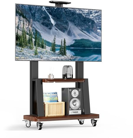 Soporte de TV móvil con ruedas para TV plano/curvado/LCD/OLED de 32 a 75 pulgadas, soporte portátil de suelo con estante, altura ajustable, resistente, soporta hasta 180 libras, VESA máximo 600 x 400