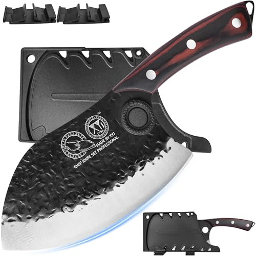 XYJ serbo chef coltello carne mannaia 7 pollici in acciaio ad alto tenore di carbonio martello modello lama ultra affilata verdure carne taglio coltello da cucina con guaina, full Tang