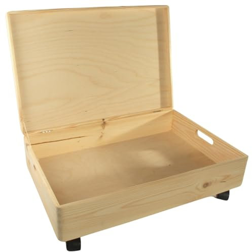 WooDeeDoo Extra Large Shallow Wooden Under Bed Storage Box With Lid Handles and Wheels – 60 x 40 x 19 cm Pine Toy Chest for Crafts Bedroom Organisation – Unfinished Decorative 25L Container