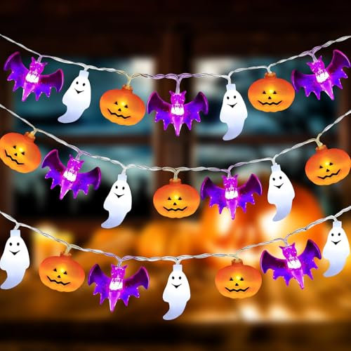 Idota Halloween Lichterkette, 4.5M 30 LED Halloween Deko Lichterkette mit Kürbis Fledermaus Geist Deko, Lichterketten Halloween für Innen Außen Party Garten Deko