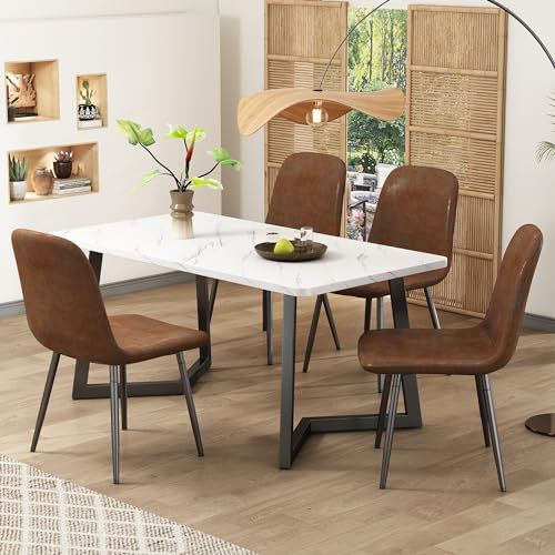 Moderne 5-teilige Essgruppe: Esstisch mit 4 Stühlen im skandinavischen Vintage-Stil, Kunstleder-Sitzfläche, Metall-Beine, MDF-Tischplatte - Elegantes Design für Küche & Esszimmer