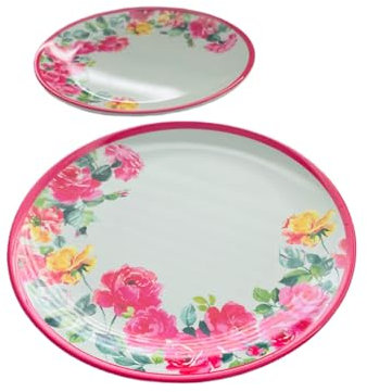 Melamine Floral Plates, Set of 4, 8 inch Diameter, Pink and Yellow Rose Design