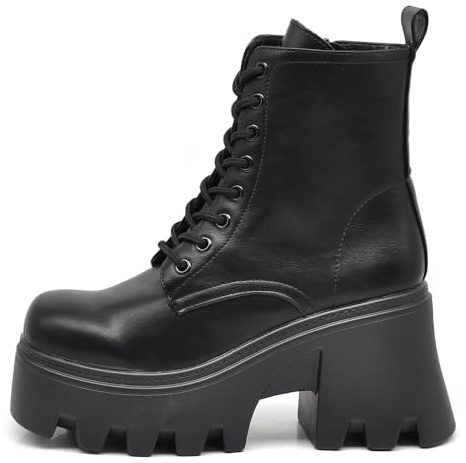 IF FASHION Stivaletti Tronchetti Anfibi da Donna In Pelle Sintetica Con Tacco Grosso Platform Zeppa Dippio Fondo Carrarmato MP752-1 nero N.36