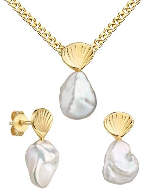 JEVELION Goldschmuck-Schmuckset Gold 585 Keshi-Perle 2x Ohrstecker + Goldanhänger mit Muschel-Applikation für Damen.. Mit Kette 925 Silber vergoldet - Kettenlänge 45 cm.