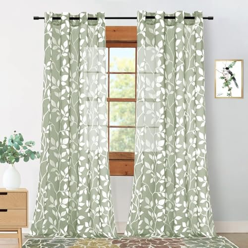 MRTREES Tende per Interni Moderne Verde Grigie Tende Trasparenti in Voile con Occhielli per Camera da Letto Soggiorno Salotto Eleganti Finestre Tenda con Stampa di Foglie 140x240 cm 2 Pezzi