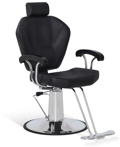 Barberpub Friseurstuhl mit Kopfstütze, Friseurstühle mit Hydraulikpumpe 360° Drehbar, Friseureinrichtung Höhenverstellbar, Barber Stuhl PVC Kunstleder, 8816 (Schwarz)