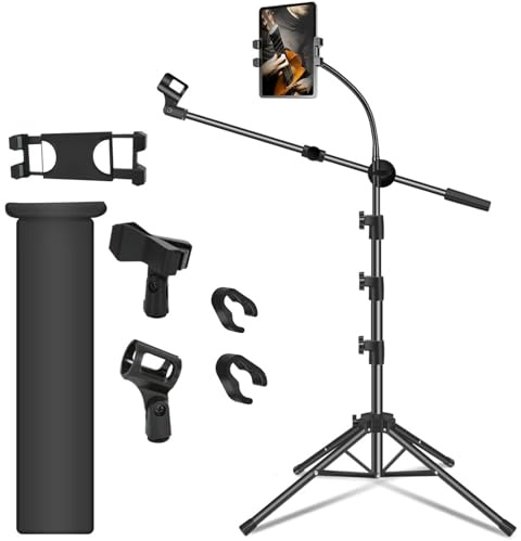 Support de micro, support de microphone au sol avec support de tablette et téléphone réglable en hauteur, support à quatre pieds, bras en col de cygne avec 2 clips de micro pour scène de chant