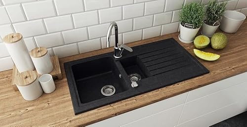 Faizee Home | Spülbecken Schwarz Gesprenkelt 100x50 cm aus Granit – Modell Napoli mit 2 Becken & Abtropffläche | Beidseitig montierbare Einbauspüle | Küchenspüle inkl. Siphon-Set (Schwarz Gesprenkelt)