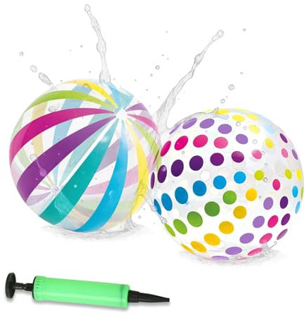 Snowtain Ballons de Plage Gonflables avec Pompe – Lot de 2 Balles d’Eau PVC (40 cm) pour Enfants & Familles – Rayé Multicolore & Pois – Jouet Été pour Jardin, Piscine, Vacances