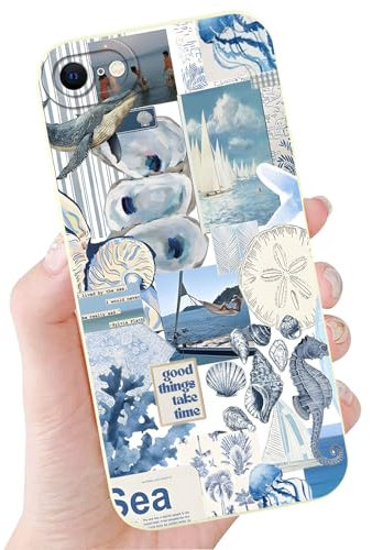Yirlbey Coque pour iPhone 7/8/SE2020/SE2022, Aesthetic Océan Motif Étui Design Housse de Téléphone pour Filles, Protection d'objectif Tout Compris Case, Silicone Cover pour iPhone SE 4,7, Bleue