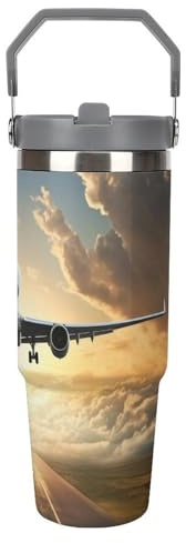 Airplane 30 Oz Tumbler with Straw, Insulated Stainless Steel Travel Mug with Handle Design Double-Wall Vacuum Coffee Cup, Leak-Proof Lid, Keeps Drinks Hot/Cold for Hours