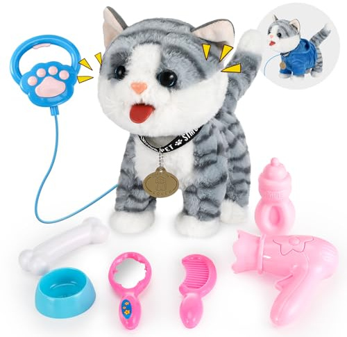 GuKKK Nteraktives Haustier Katze, Spielzeug Katze für Kinder, Katzen Ahre Kuscheltier Spielzeug, mit Gehen, Bellen, Schwanzwedeln, Realistische Interaktive Haustierkatze