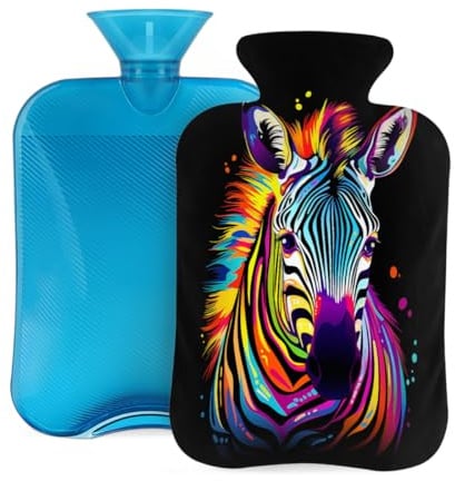 Wärmflasche mit Bezug, 2 l, Regenbogenfarben, buntes Zebra-Tiermuster, Wärmflaschen für Erwachsene, Wärme-/Schmerzlinderung