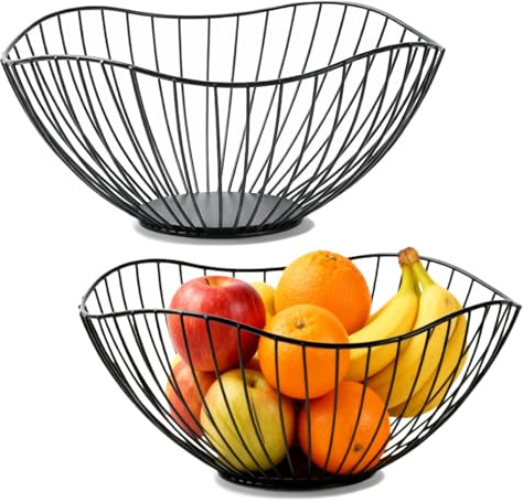 Siocok 2Pack - Black Wire Fruit Basket Fruit Bowl, Iron Arts Fruit Storage Baskets for Kitchen Counter, for Home Decor, Table Centerpiece Decorative Hold Vegetables, Bread, Snacks, Potpourris (B)