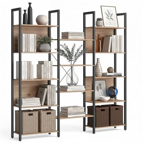 Relaxdays Bücheregal Industrial, 14 Ablagen, Holzoptik, Metall, Standregal Wohnzimmer, Büro HBT 166x158x24 cm, Hellbraun