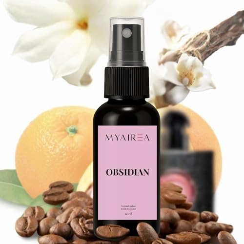 MYAIREA Textilerfrischer Spray Obsidian 60 ml - Geruchsneutralisierer inspiriert von edlem Parfumduft - Für Kleidung, Sofa, Vorhänge & Auto - Hochwertiges Duftspray gegen Gerüche