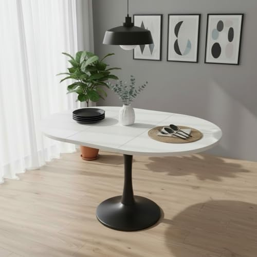 Solisburne Ausziehbarer Esstisch, Rund Tisch für 4-6 Personen, Esszimmertische Klappbarer Küchentisch Wohnzimmertisch Freizeittisch, Schlichter Stil, Weiß + Schwarz, 100/140×100×75 cm