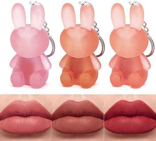 3pcs Bunny Lipgloss,Lippgloss,2-In-1 Keychain Lip Gloss & Matte Liquid Lipstick,Wasserdichte,Langanhaltend & Hochpigmentiert,Non-Transfer,Trocknet Die Lippen Nicht Aus,For Women And Girls