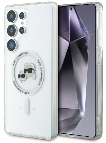 CG MOBILE Karl Lagerfeld Button Karl & Choupette Köpfe Gedrucktes Logo kompatibel mit MagSafe Hülle für Samsung Galaxy S25 Utra (Weiß)