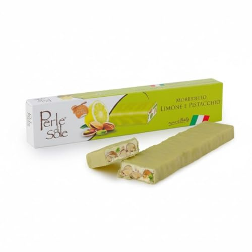 Perle di Sole – Morbidello Limone e Pistacchio, 150 g. | Torrone Morbido Artigianale con Mandorle e Pistacchi Ricoperto di Cioccolato Bianco al Limone