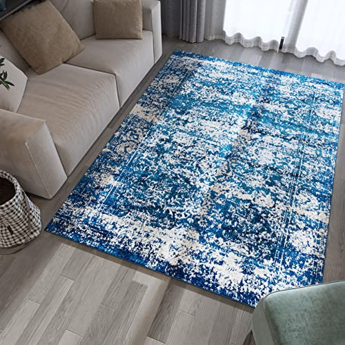 Carpeto Rugs Läufer Teppich Flur Vintage Muster - Küchenläufer, Flurläufer, Küche, Schlafzimmer - Teppichläufer in vielen Größen - Kurzflor Used Look in Navy Dunkelblau, Grösse: 80 x 300 cm