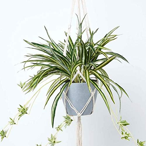 HOMESCAPES Artificial Hanging Basket 95 cm Long Faux Spider Plant In Grey Melamine Pot with Macramé Knotted Rope Style Hanger and Hook for Indoor Decoration