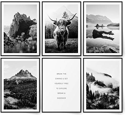 BLCKART Infinity Highland Cow Bilder Set Stilvolle Beidseitige Natur Poster Berge Bilderwand Skandinavische Deko (M | 6x A4 | 21 x 29,7 cm | ohne Rahmen, HIGHLAND COW | SCHWARZ WEISS)