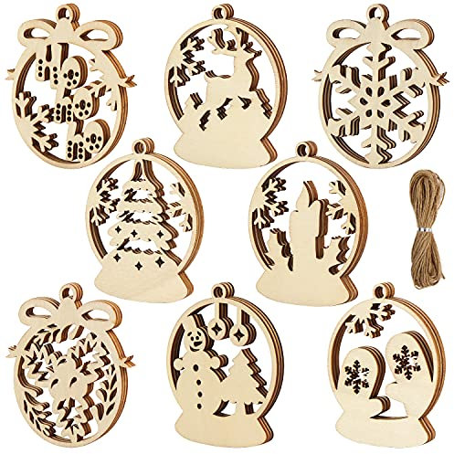 FINGOOO 24 pieces Christmas Wooden Slices Gift Tag DIY Hanging Craft Ornaments with 11 metres Hemp String for Christmas Decorations