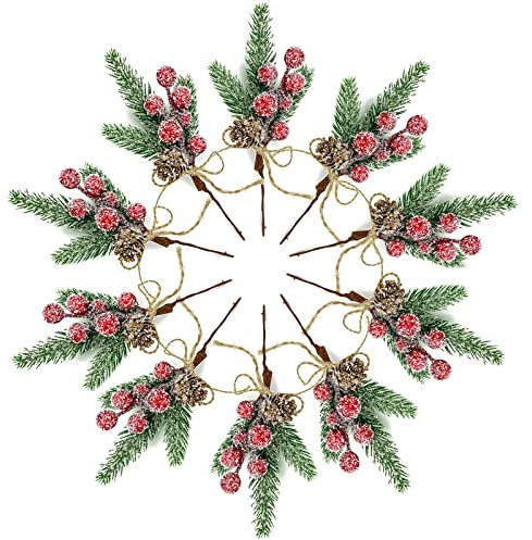 Rote Beeren-Stiele, Blumenzapfen, Weihnachten, künstliche Tannenzweige, immergrüne Zweige, Beeren-Dekor, 10 Stück, Stechpalmen-Stiel für Dekoration, DIY Weihnachtsbastelkranz-Dekoration