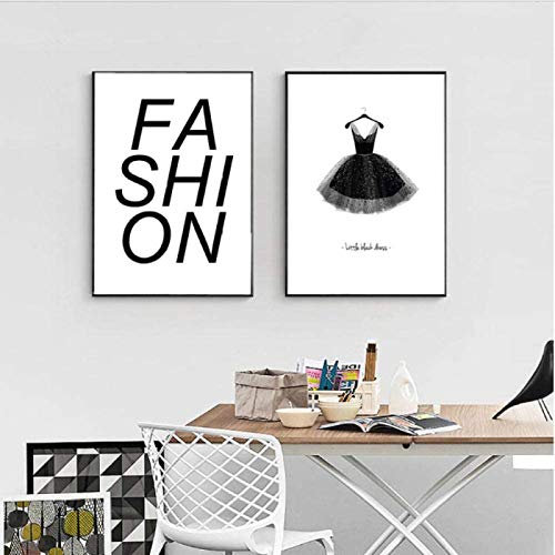 Leinwanddruck Einfache Mode Brief Poster und Kunstdrucke Kleines Schwarzes Kleid Vogue Bild an der Wand Nordischen Stil Wohnkultur Rahmenlos 30×40cm×2 Stück