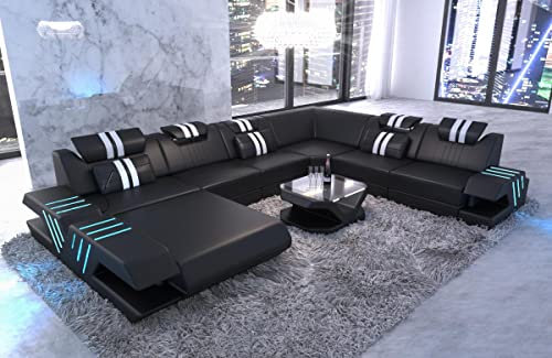Wohnlandschaft Venedig XXL Sofa in Leder - mit LED Beleuchtung, verstellbare Kopfstützen, Recamiere/Lederfarben wählbar/Ausrichtung wählbar (Ottomane Links, Schwarz-Weiß)
