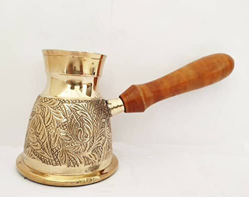 Sharvgun Golden Turkish Greek Arabic Coffee Pot Brass Metal Coffee Maker Cezve Ibrik Briki with Wooden Handle (Small - 7 Oz) Leaf Branch Engraved