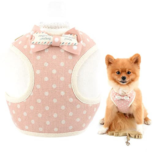 SMALLLEE_LUCKY_STORE Dots Bow Soft Puppy Harness and Leash Set for Small Medium Dogs Mesh Padded Adjustable Cat Harness Vest for Outdoor Walking,Pink,S