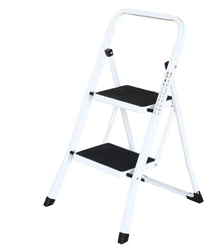 IVOL Escabeau 2 Marches - Blanc - Echelle Pliante de Cuisine - Marches et Pieds Antidérapants - Escabeau 2 Marches Pliable - Charge maximale 150 kg